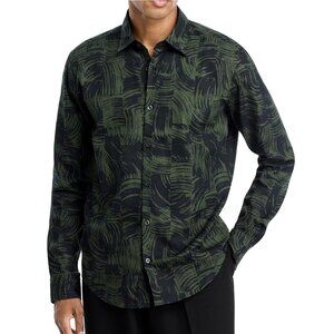 Hugo Boss Men's Long Sleeve HUGO Erin Abstract Shirt Casual Slim Fit Dark Green